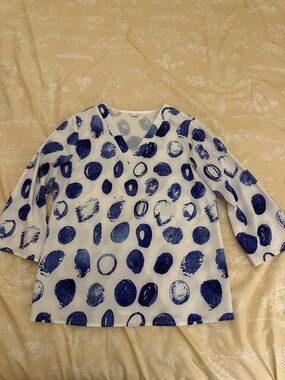 Women's White V-Neck Blouse with Blue Dot Print